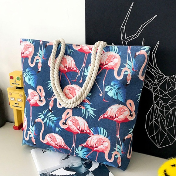 Large Canvas Flamingo Tote Beach Bag Rope Handles - Picture 2 of 7